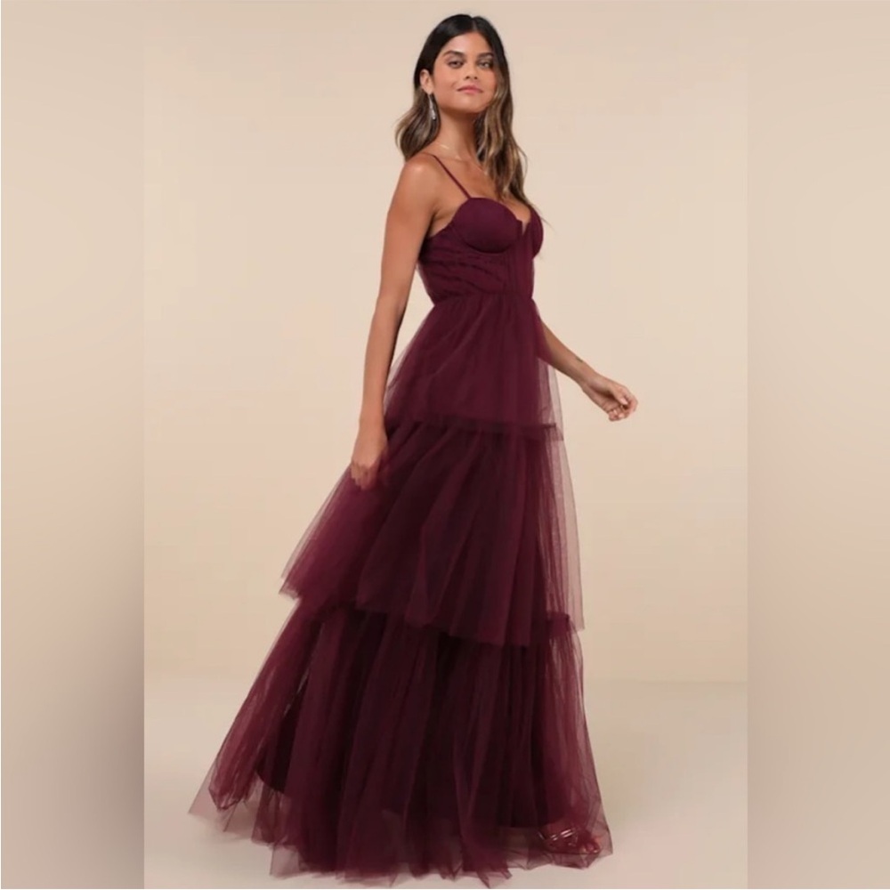 Lulu's Unforgettable Poise Plum Purple Tulle Bustier Tiered Dress - Picture 3 of 6